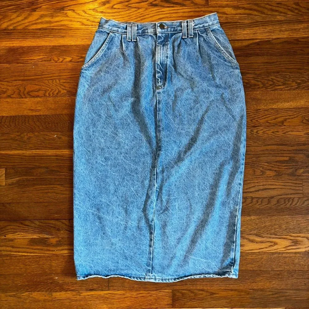 VTG Vivaldi Jeanswear Denim Pleated Pencil Blue Jean Skirt Womens 14 Made in USA
